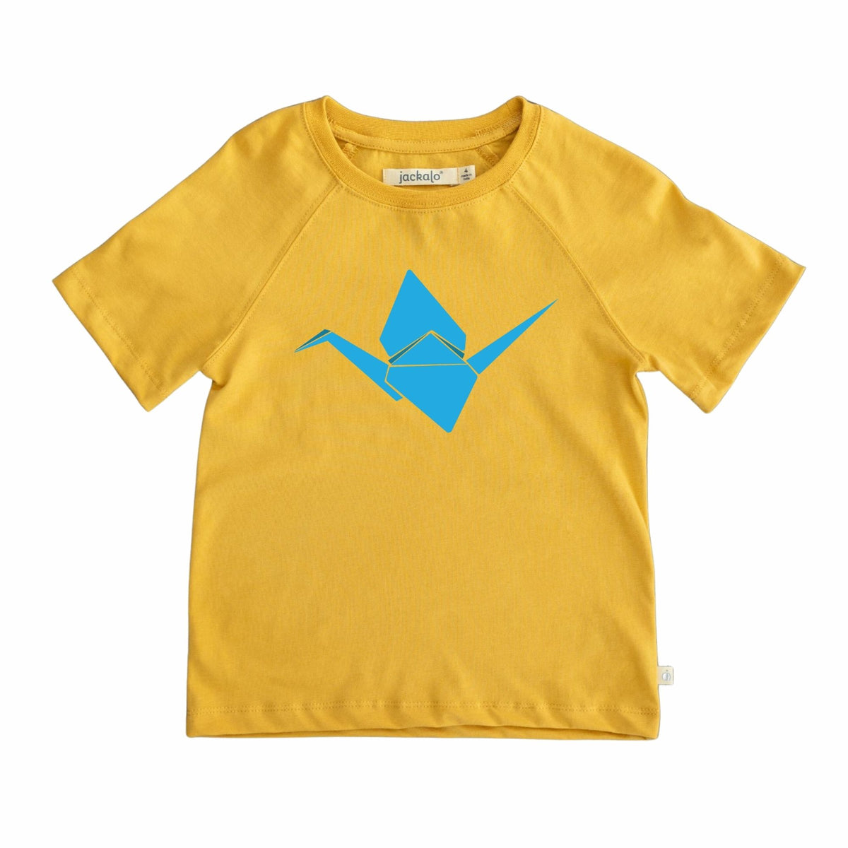 Yellow t-shirt with a blue graphic on a white background