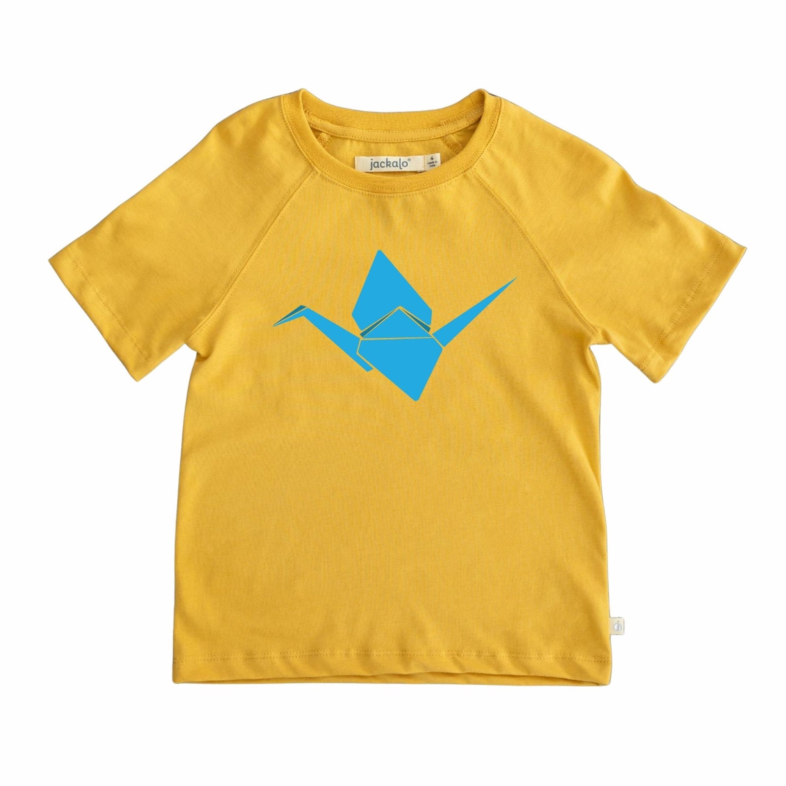 Yellow t-shirt with a blue graphic on a white background
