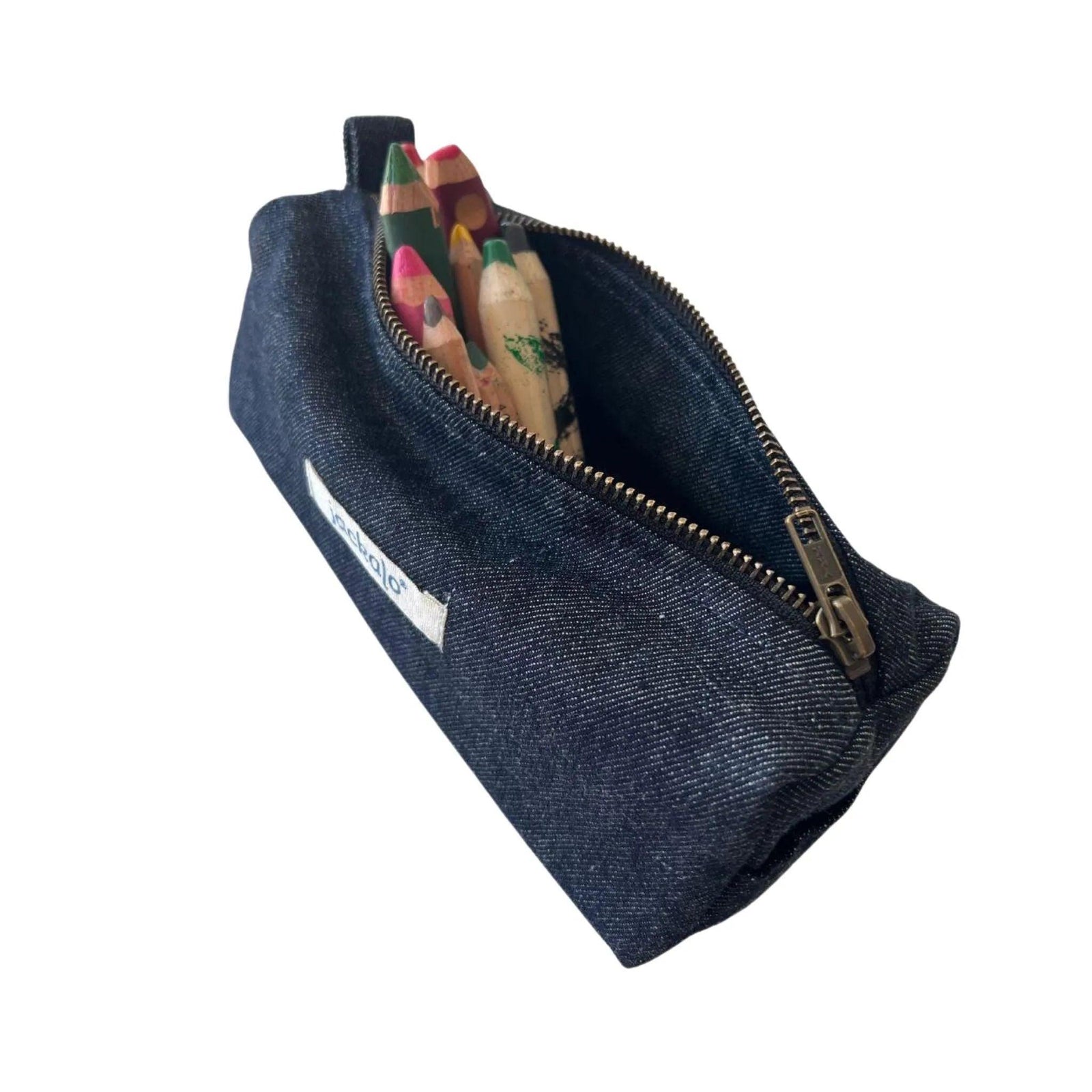 Jackalo denim pencil pouch with zipper, holding colored pencils, sustainable kids accessory