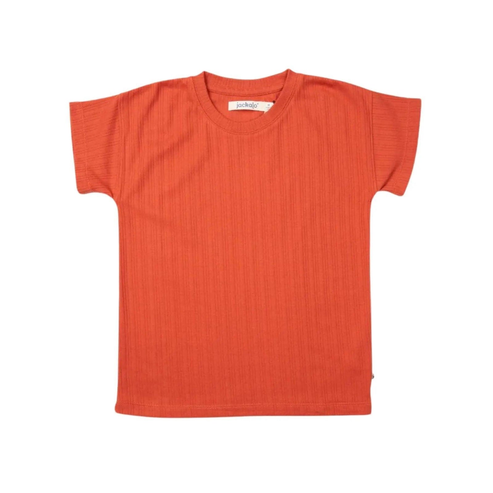 Jackalo kids sustainable persimmon ribbed T-shirt with short sleeves, flat lay