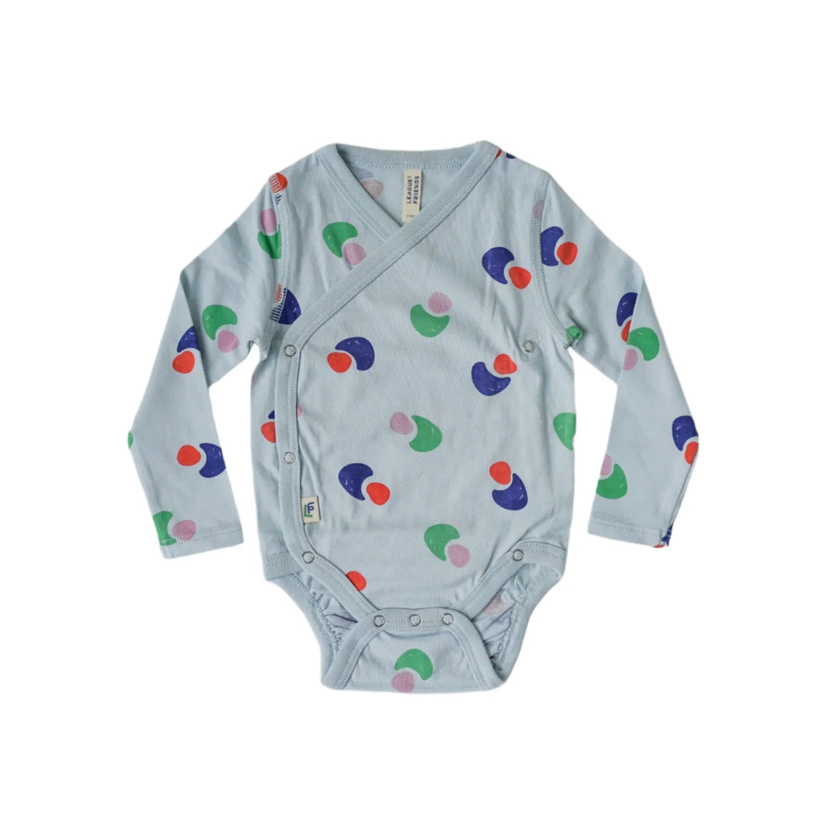 Light blue long-sleeve baby bodysuit with colorful abstract print by Jackalo