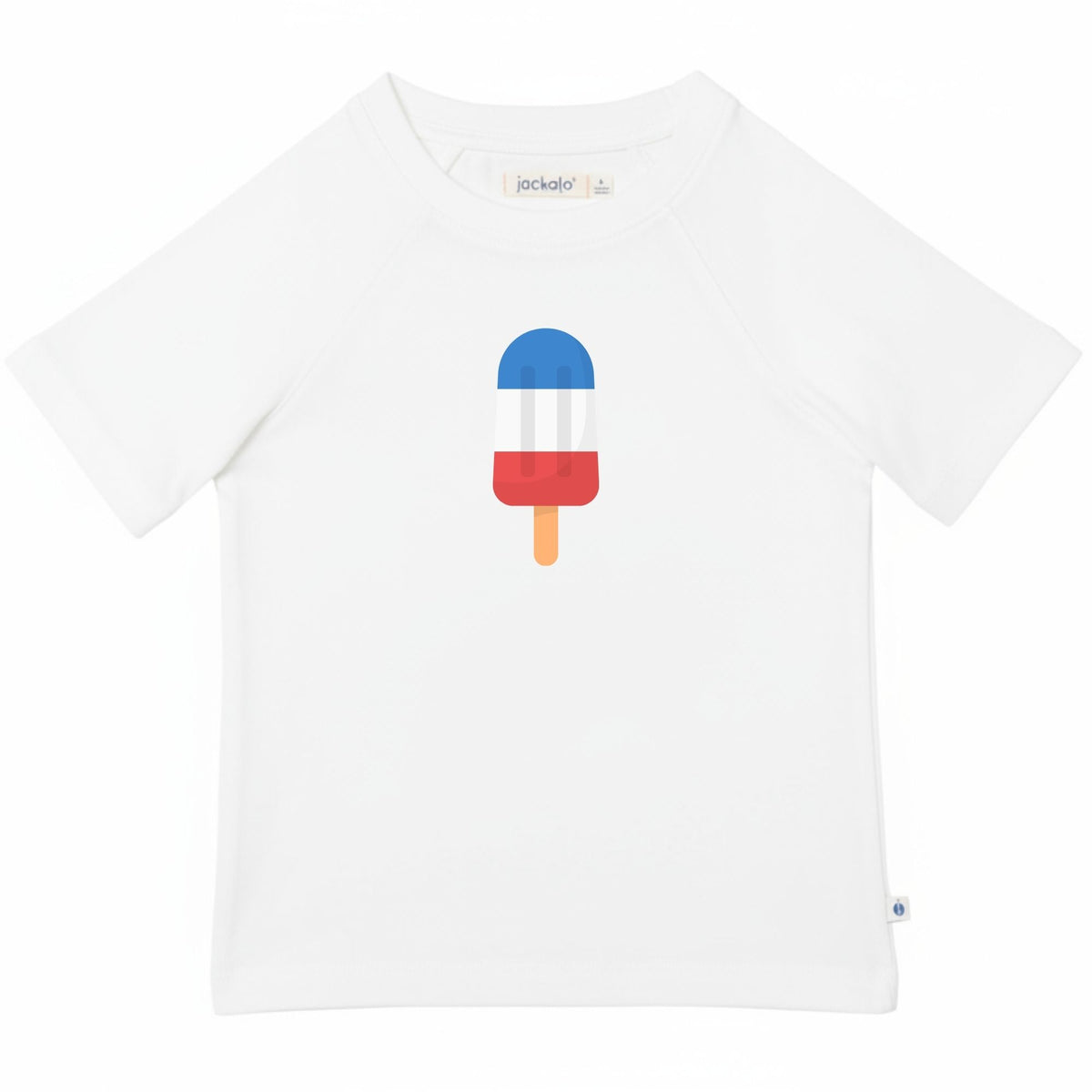 White t-shirt with a red, white, and blue popsicle design 