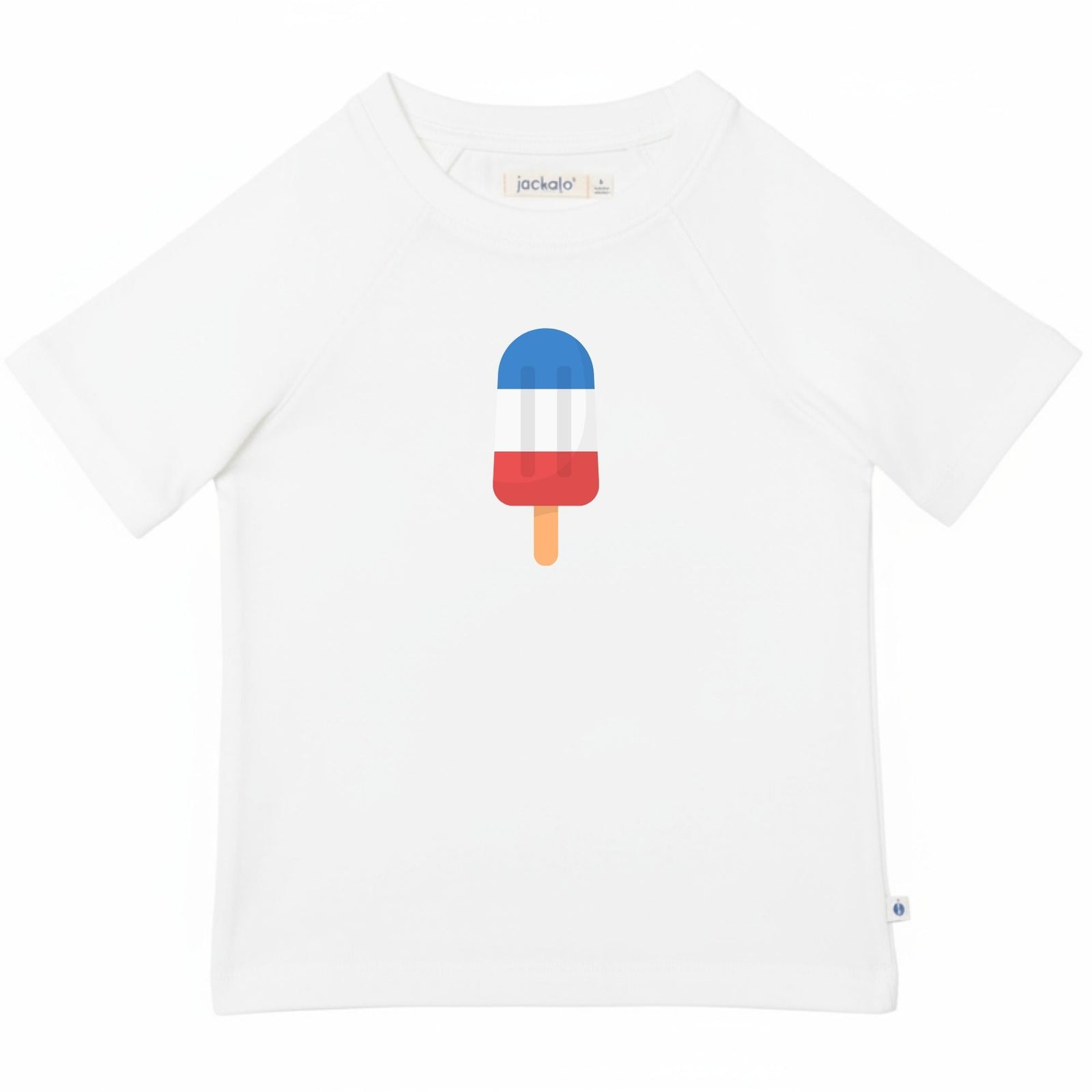 White t-shirt with a red, white, and blue popsicle design 