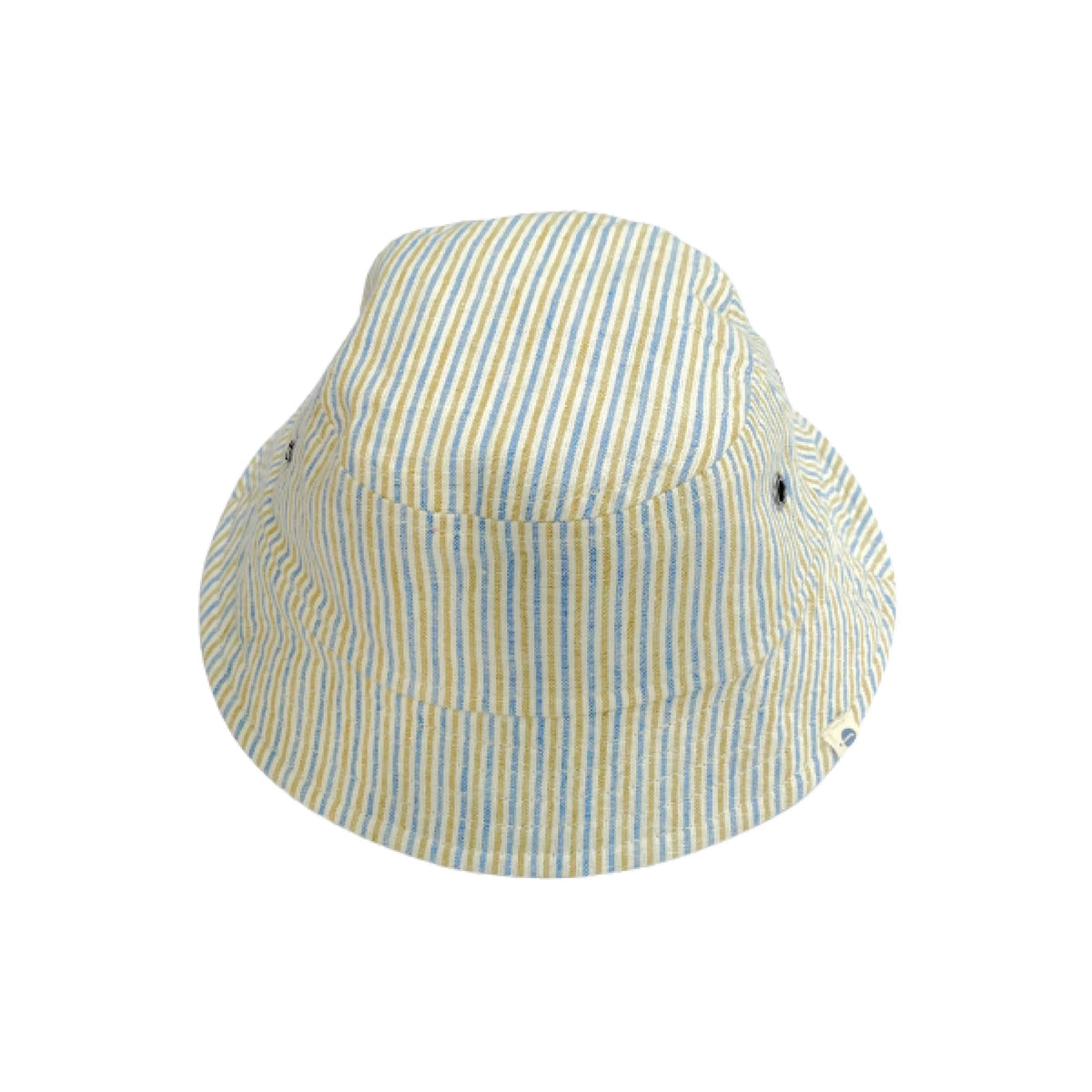 Reversible kids bucket hat with blue and yellow stripes, sustainable Jackalo clothing