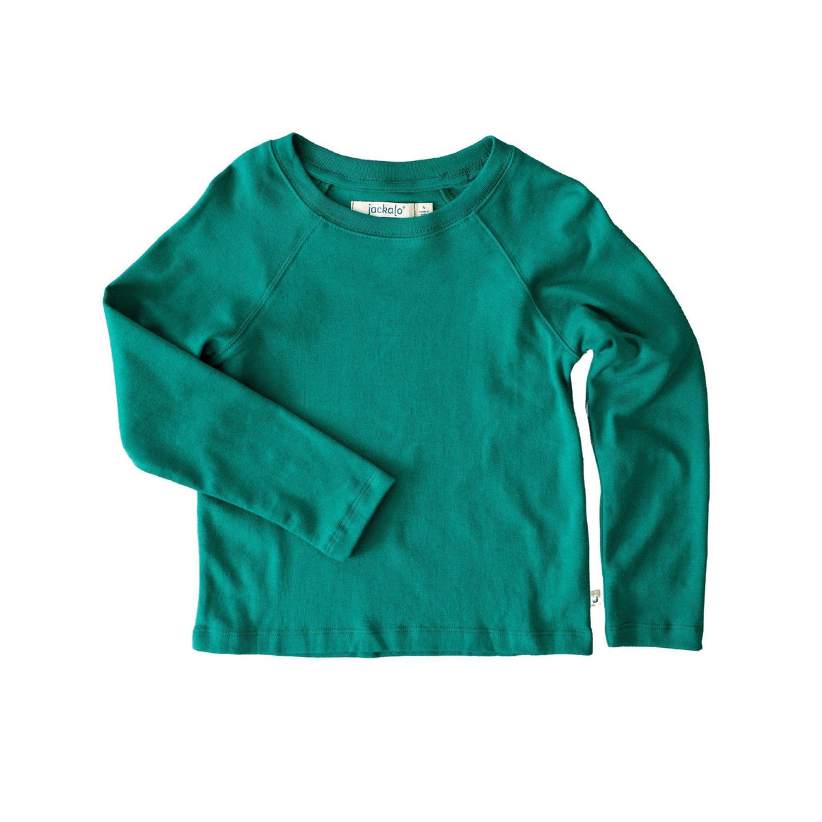 Jackalo kids teal long sleeve shirt, sustainable clothing, laid flat on white background