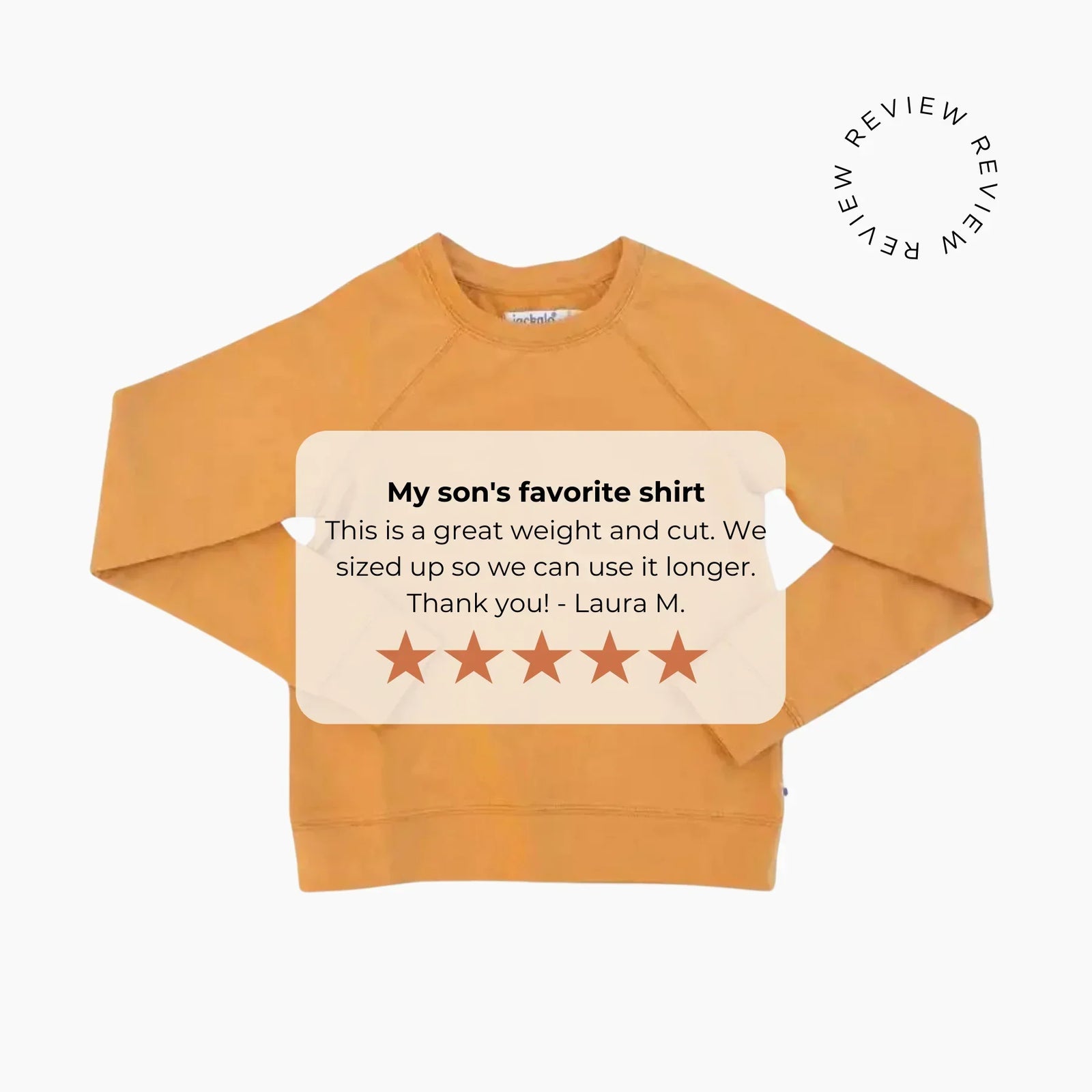 Jackalo kids sustainable orange sweatshirt with five-star customer review overlay.