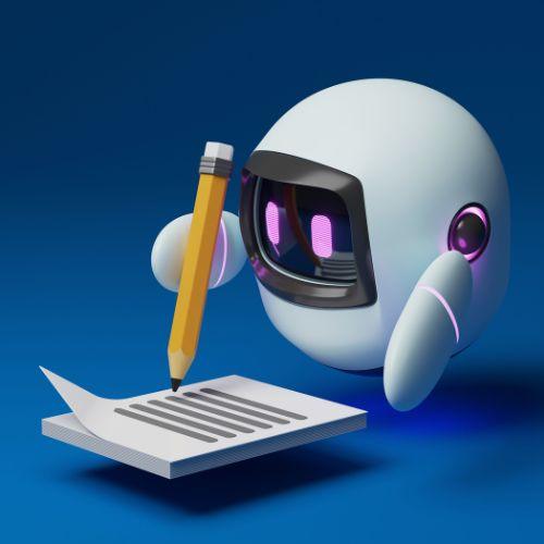 A robot illustration writing a letter on a sheet of paper