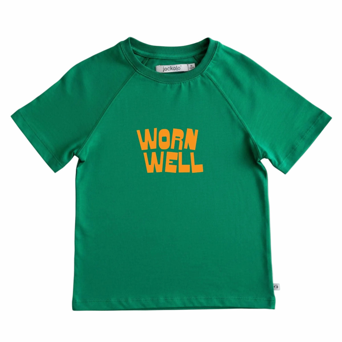 Green t-shirt with 'Worn Well' text on a white background