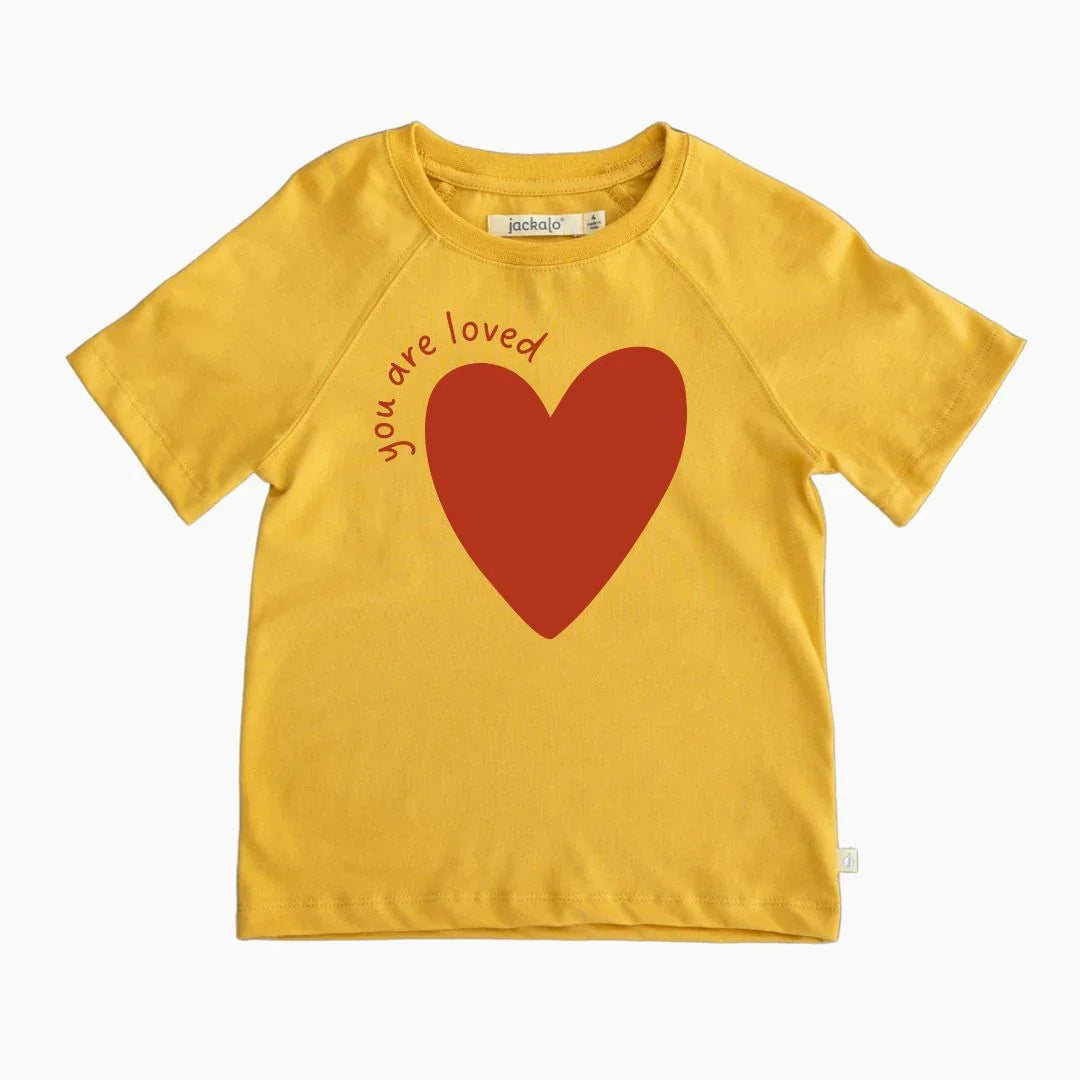 Yellow Jackalo kids' t-shirt with red heart and 'you are loved' text, sustainable clothing