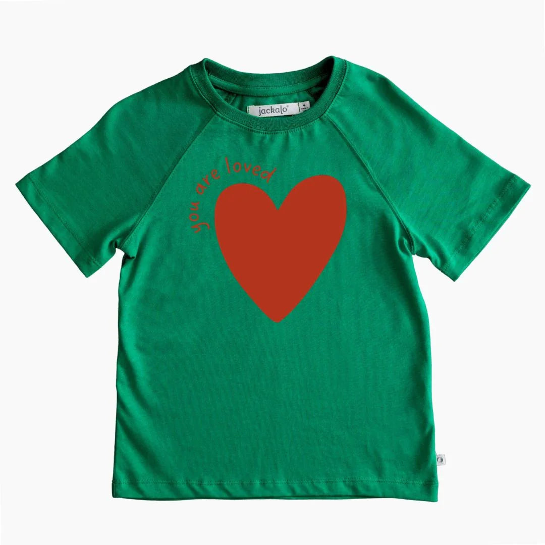 Blue Jackalo kids t-shirt with red heart and 'you are loved' text, sustainable clothing