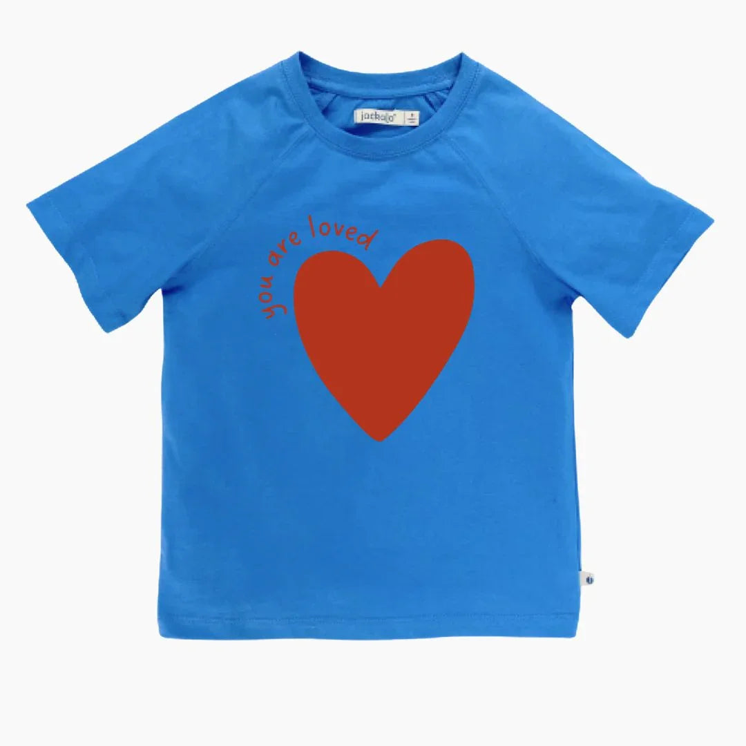 Blue Jackalo kids t-shirt with red heart and 'you are loved' text, sustainable clothing