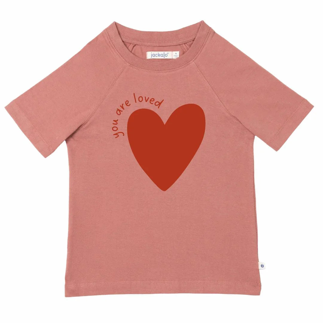 Jackalo kids rose t-shirt with red heart and 'you are loved' print, sustainable clothing
