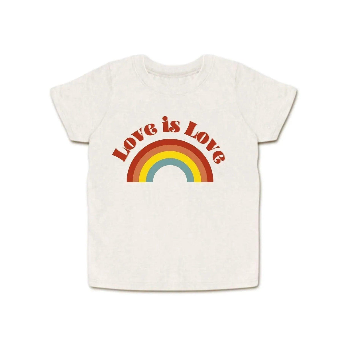 Jackalo sustainable kids tee with 'Love is Love' and rainbow graphic on white background