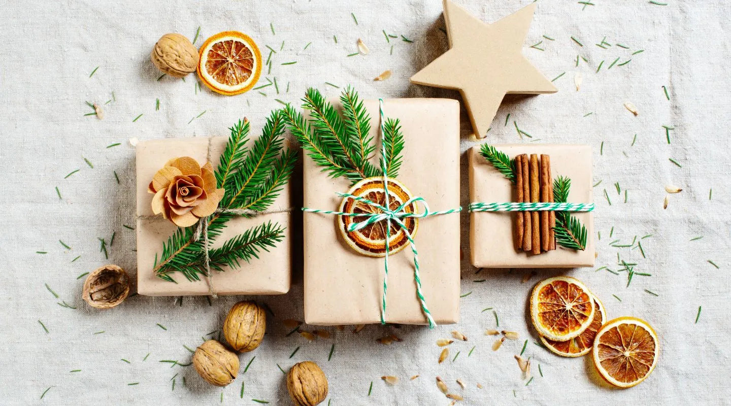 Christmas gifts wrapped in brown paper