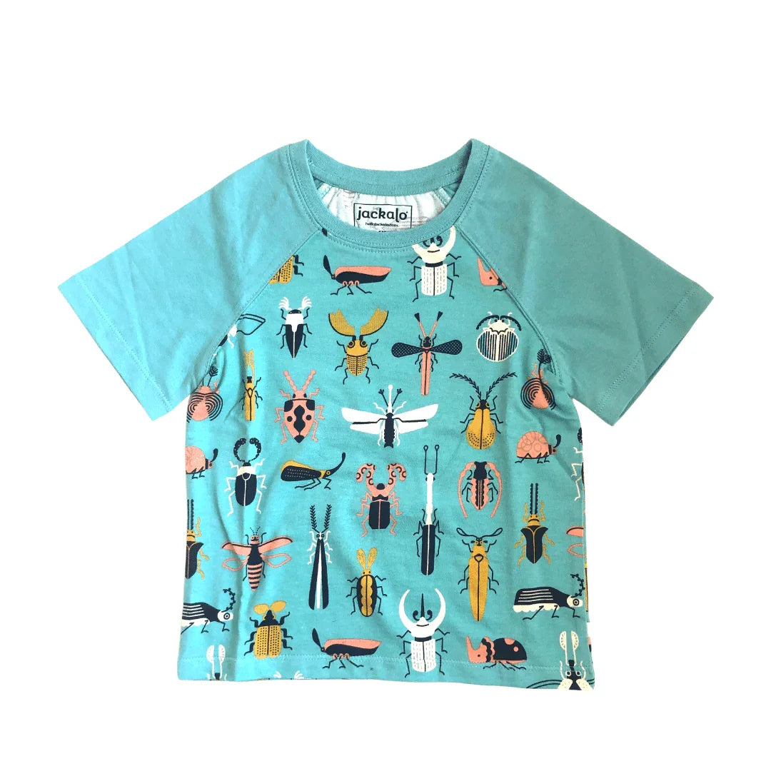 Kids' Jackalo blue t-shirt with colorful beetle and insect print, sustainable clothing