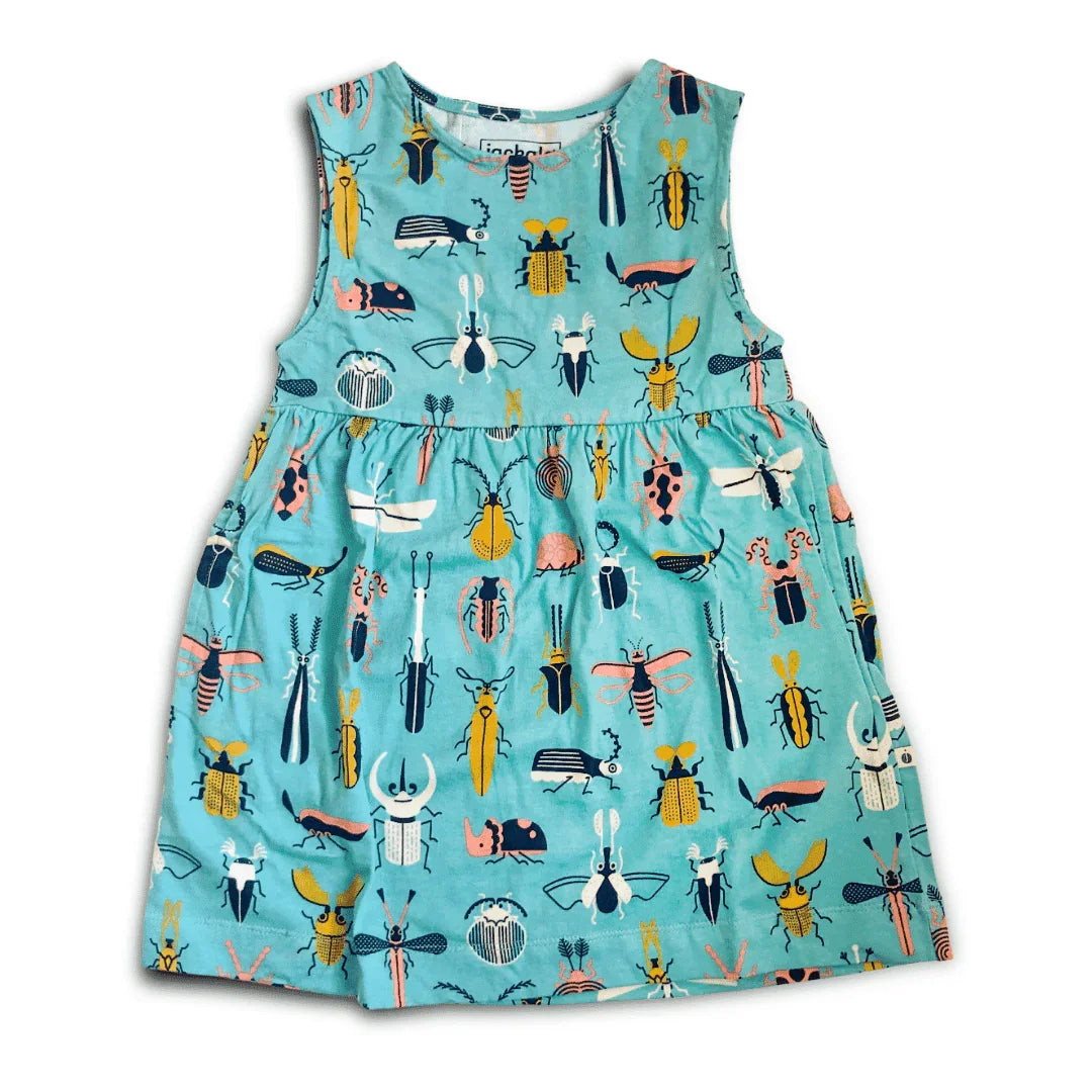 Kids sleeveless blue Jackalo dress with colorful beetle and insect print, sustainable clothing