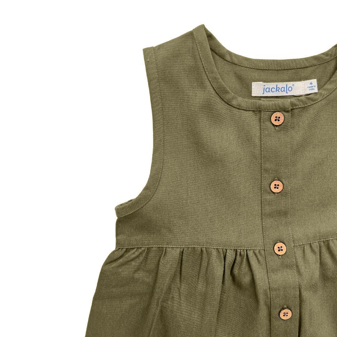 Dark olive green kids sleeveless dress with wooden buttons, sustainable Jackalo clothing