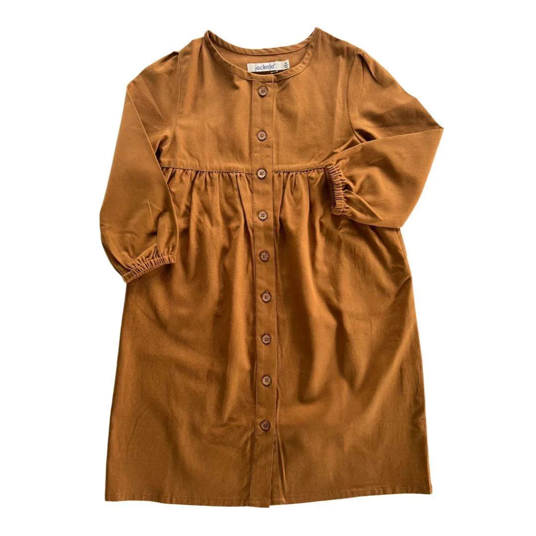 Long-sleeved brown kids dress with buttons, sustainable clothing by Jackalo