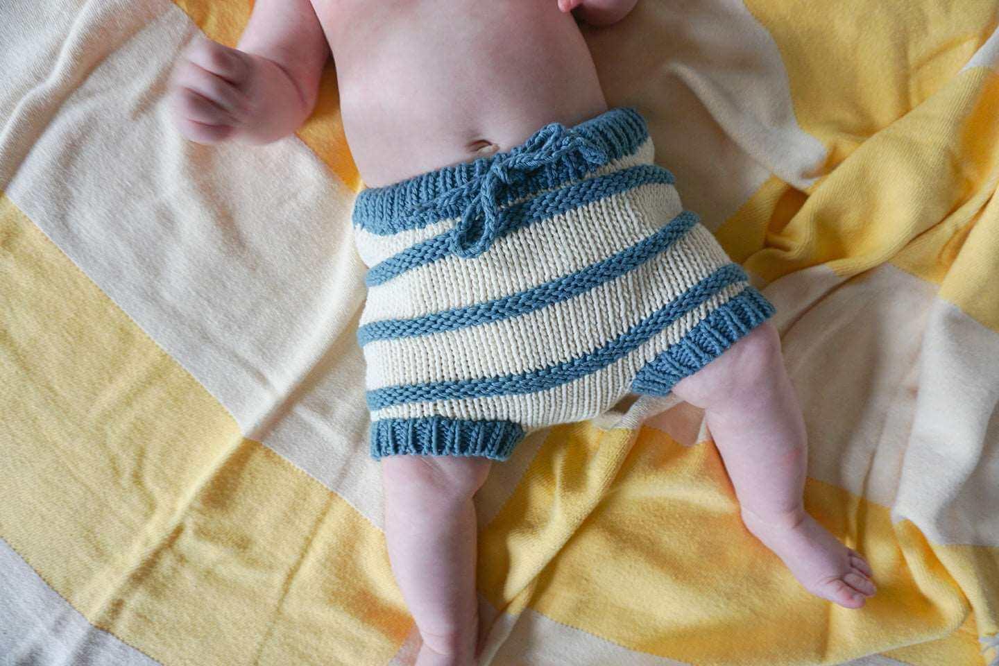 Striped organic cotton baby bloomers by Jackalo, sustainable kids clothing, blue and cream