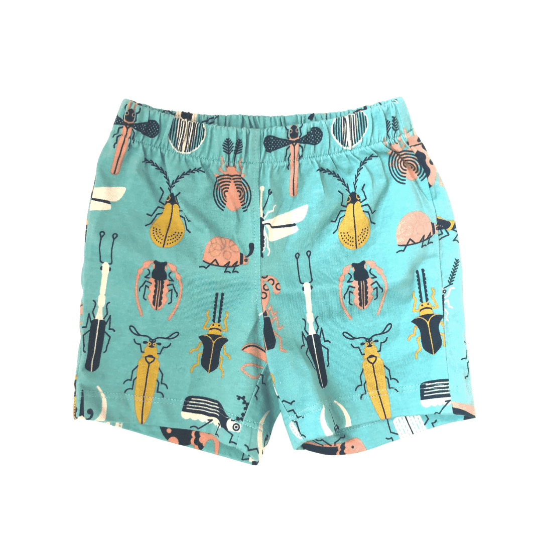 Jackalo kids' shorts with beetle mania insect print, aqua background, sustainable clothing