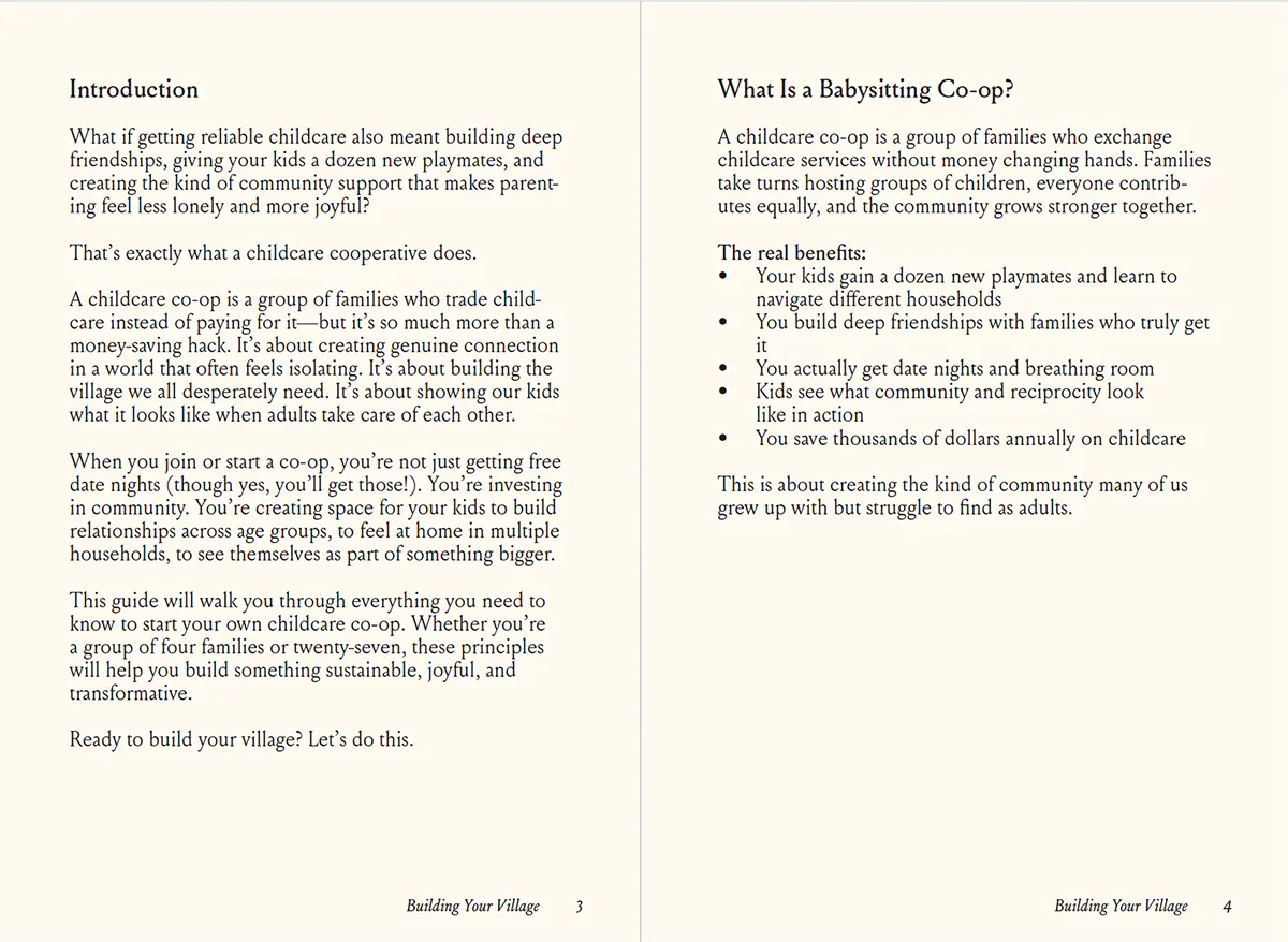 Sample pages from Jackalo's 'Building Your Village' guide, focusing on childcare co-ops and benefits.