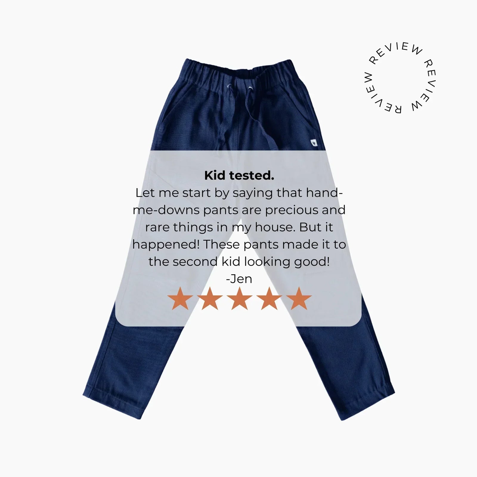 Navy blue Jackalo kids' pants on white background with five-star customer review overlay.